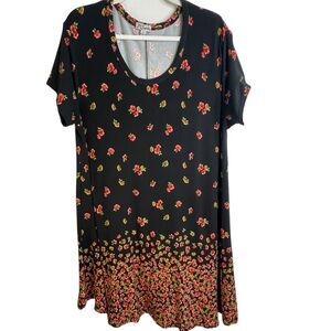 J for Justify Dress Stretch SZ 2X Floral Black‎ Red Midi Boho A-Line Flare